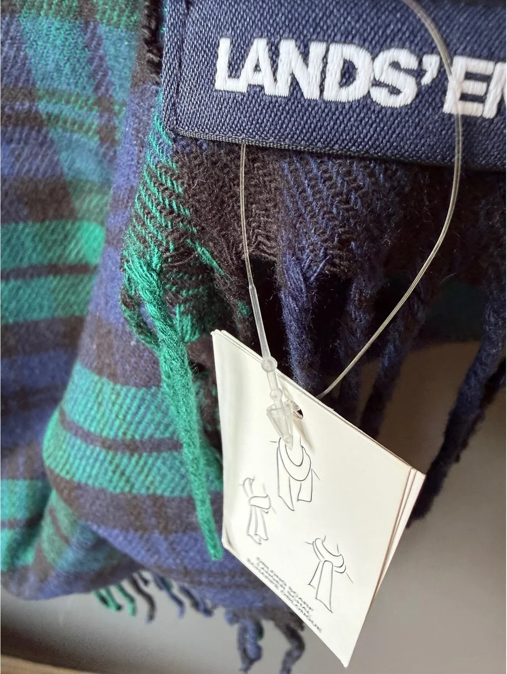 Lands' End Blue and Green Plaid Wool Scarf with Fringe